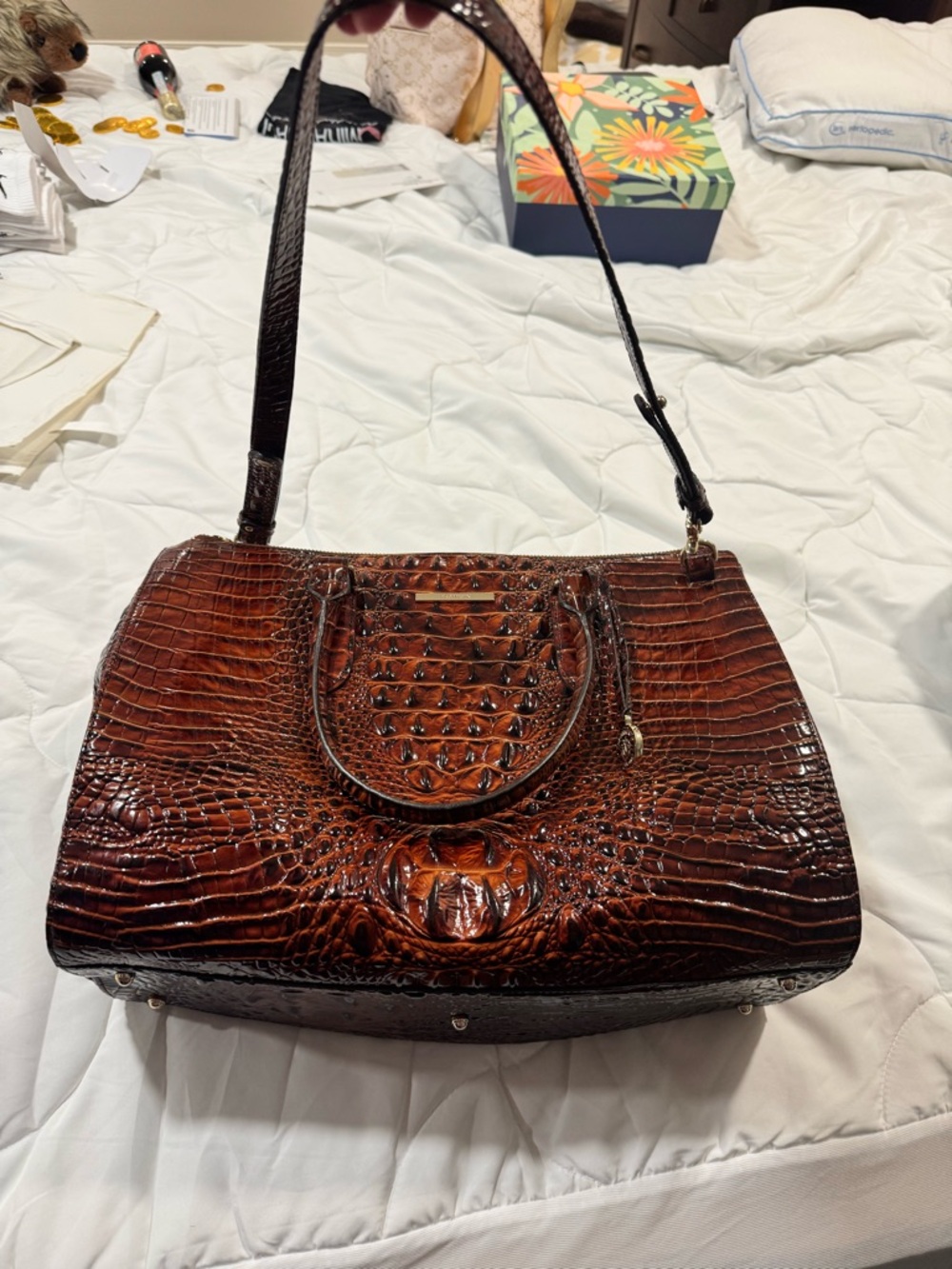 Brahmin Cognac Croc-Embossed Leather Shoulder Bag